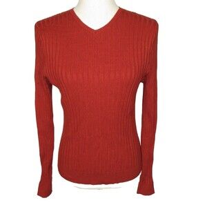 Cinnamon Soft Knit Wide Rib Fitted Long Sleeve V Neck Top Burnt Rust Size Medium